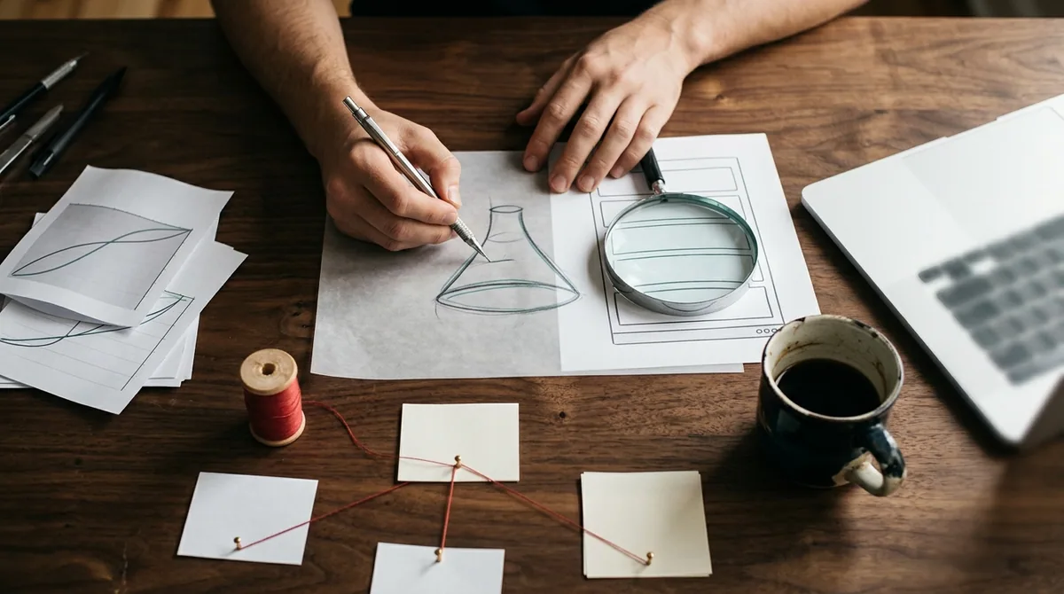 Mãos desenham um funil de SEO no papel sobre a mesa, entre gráficos, cartões e uma lupa sobre um mockup de site