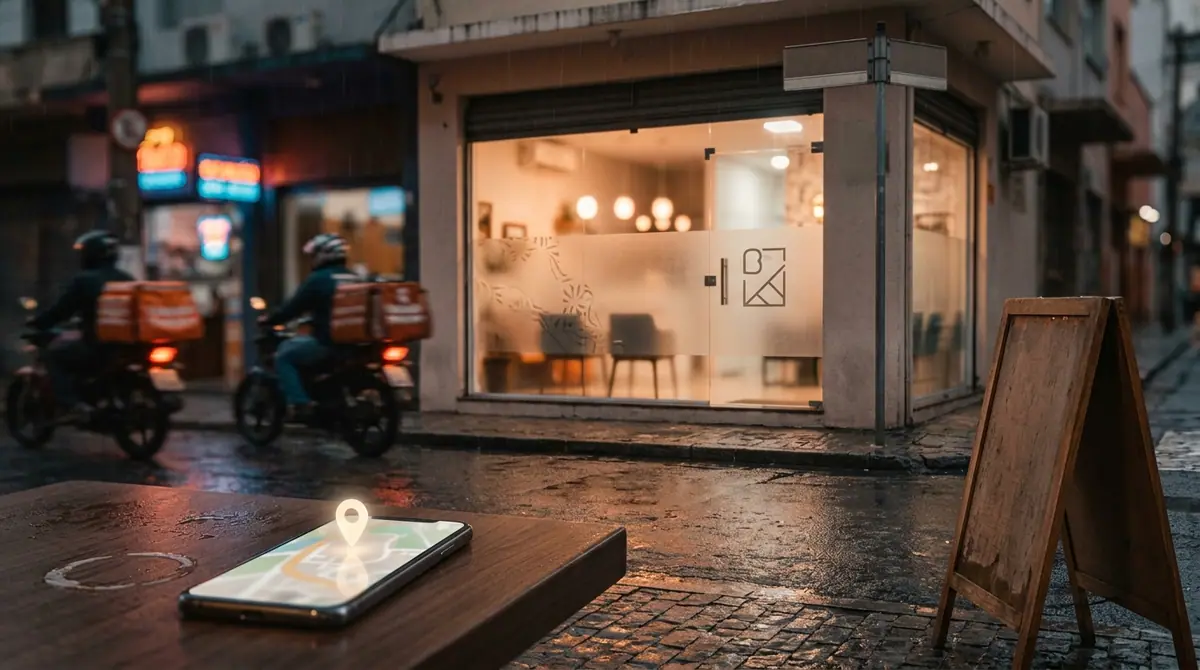 Fachada de clínica odontológica ao entardecer em São Paulo, com celular exibindo mapa em primeiro plano, sob chuva fina.